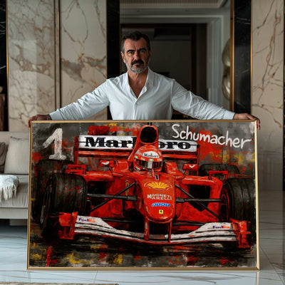 uomo mostra un quadro moderno di Michael Schumacher nella sua Ferrari rossa sponsorizzata Marlboro